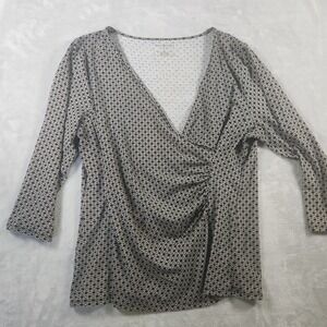 Talbots L Faux Wrap Top V-neck‎  3/4 Sleeve Pullover Knit Shirt Black Stretch